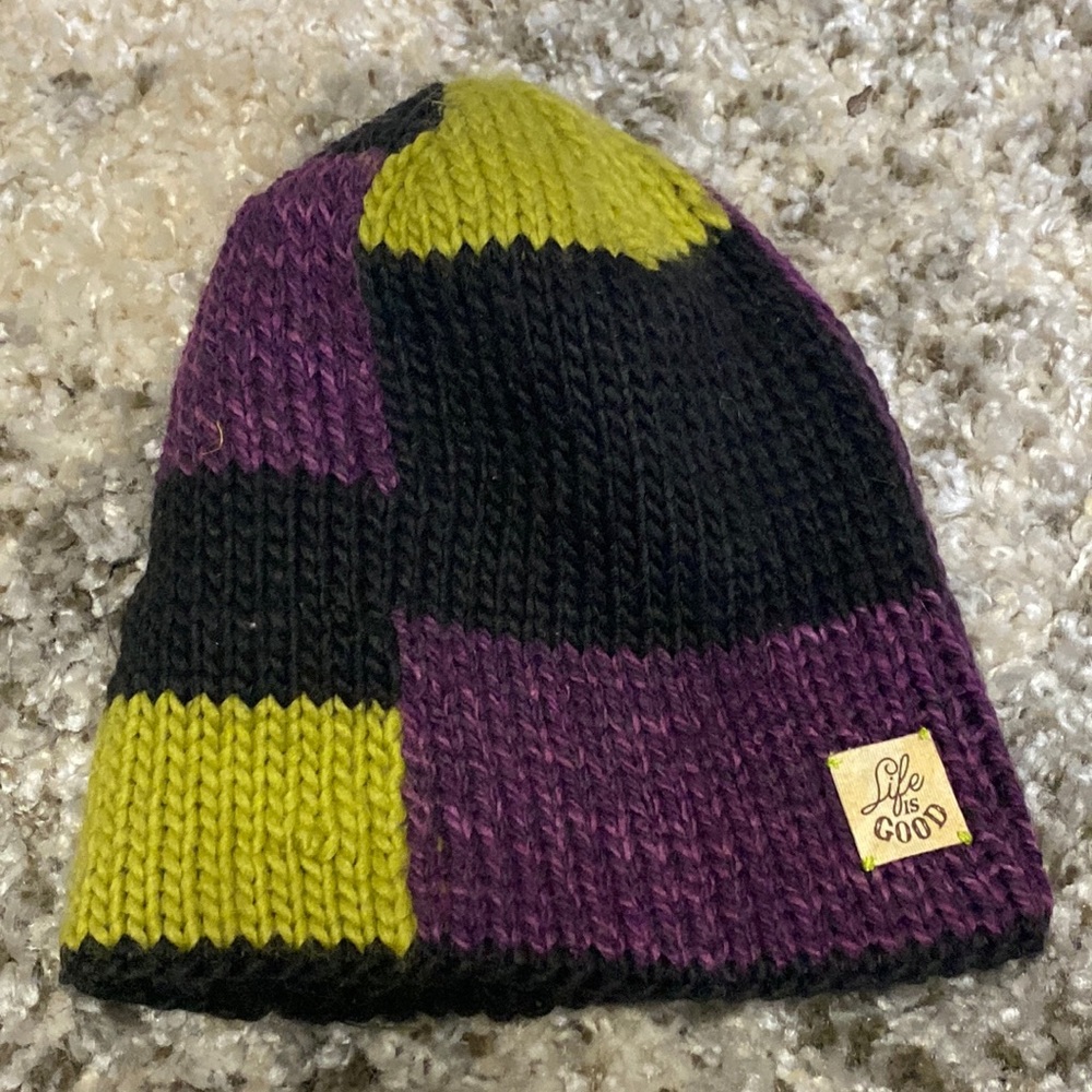 Life is Good Purple Black Neon Green Color Block Knit Beanie Hat OS